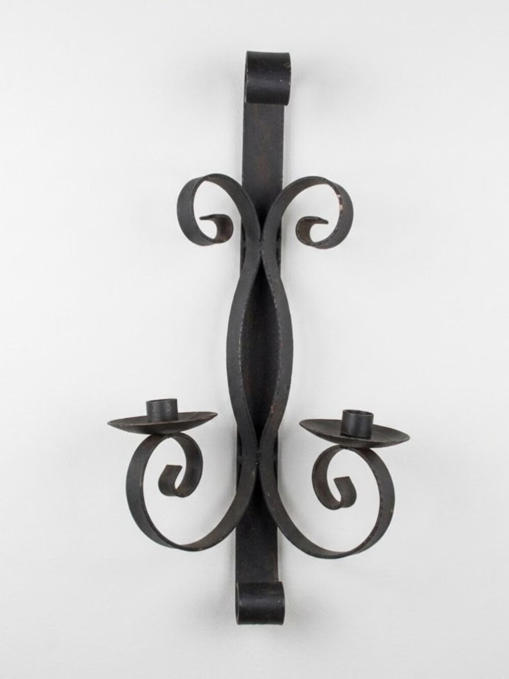 Vintage Wrought Iron Wall Sconce Candelabra Rustic Black Metal Scroll 2-Candle